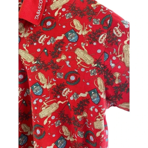 Tabasco Men's Golf Clubs Crest Logo Print Sports Wear AOP Polo Shirt Size L - Picture 2 of 4